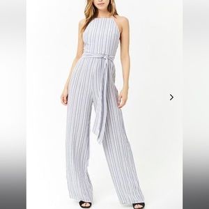 Forever 21 Striped Self-tie Jumpsuit , White/blue